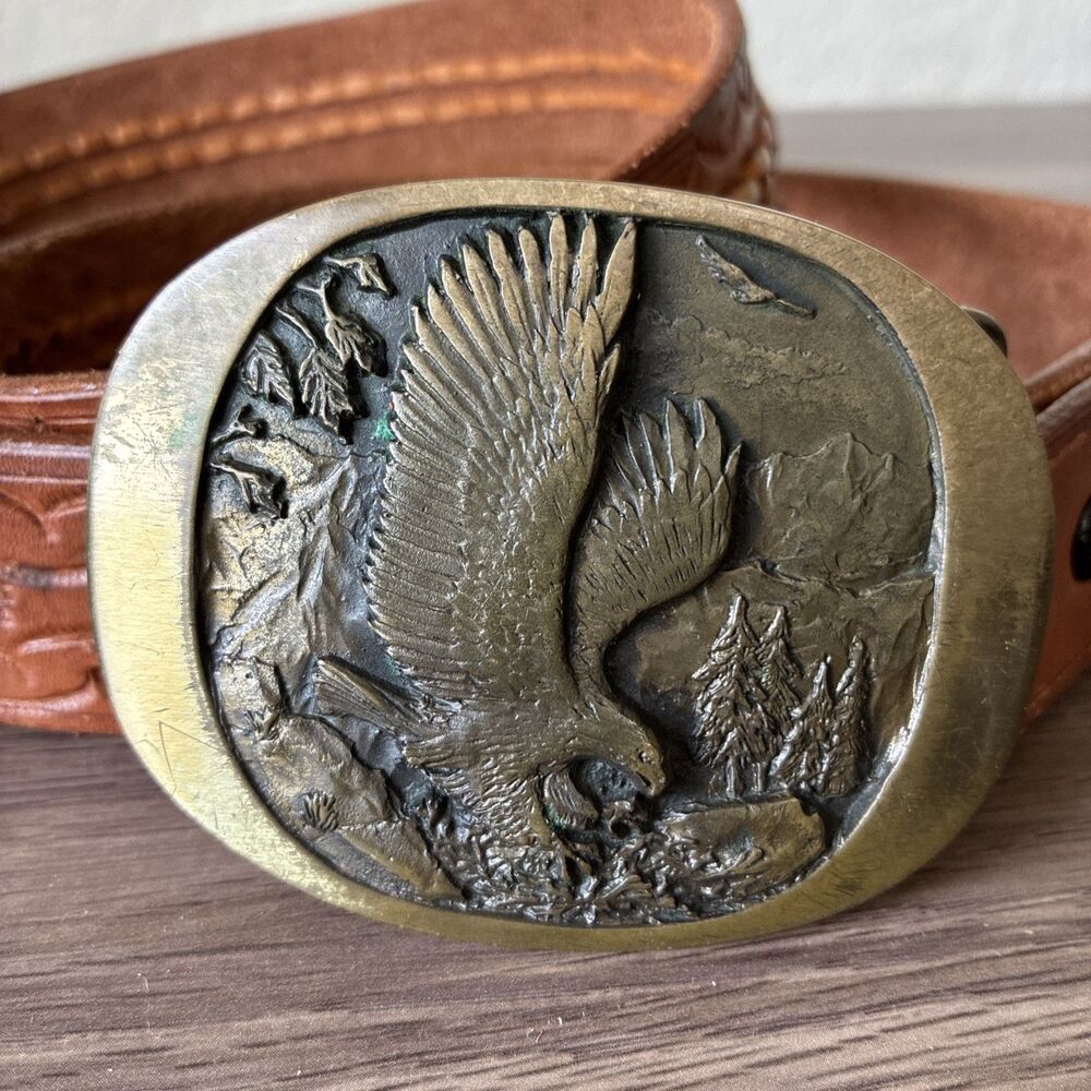 VTG High Mesa American Eagle Solid Bronze Belt Buckle & Leather Belt, Size 36